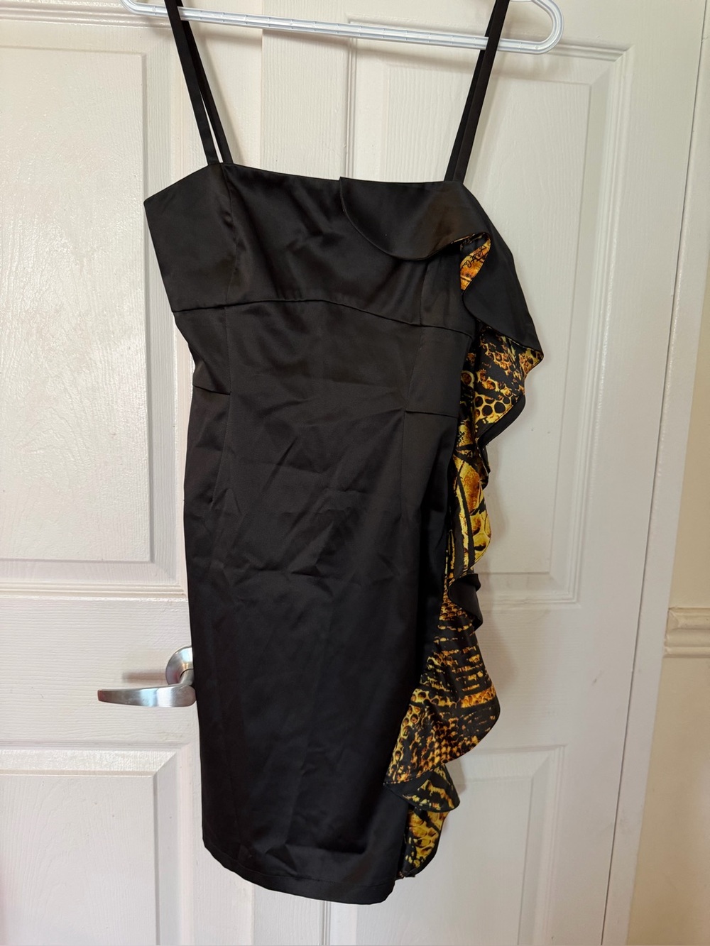 Roberto Cavalli Black One-Shoulder Dress with Gold Print Ruffle